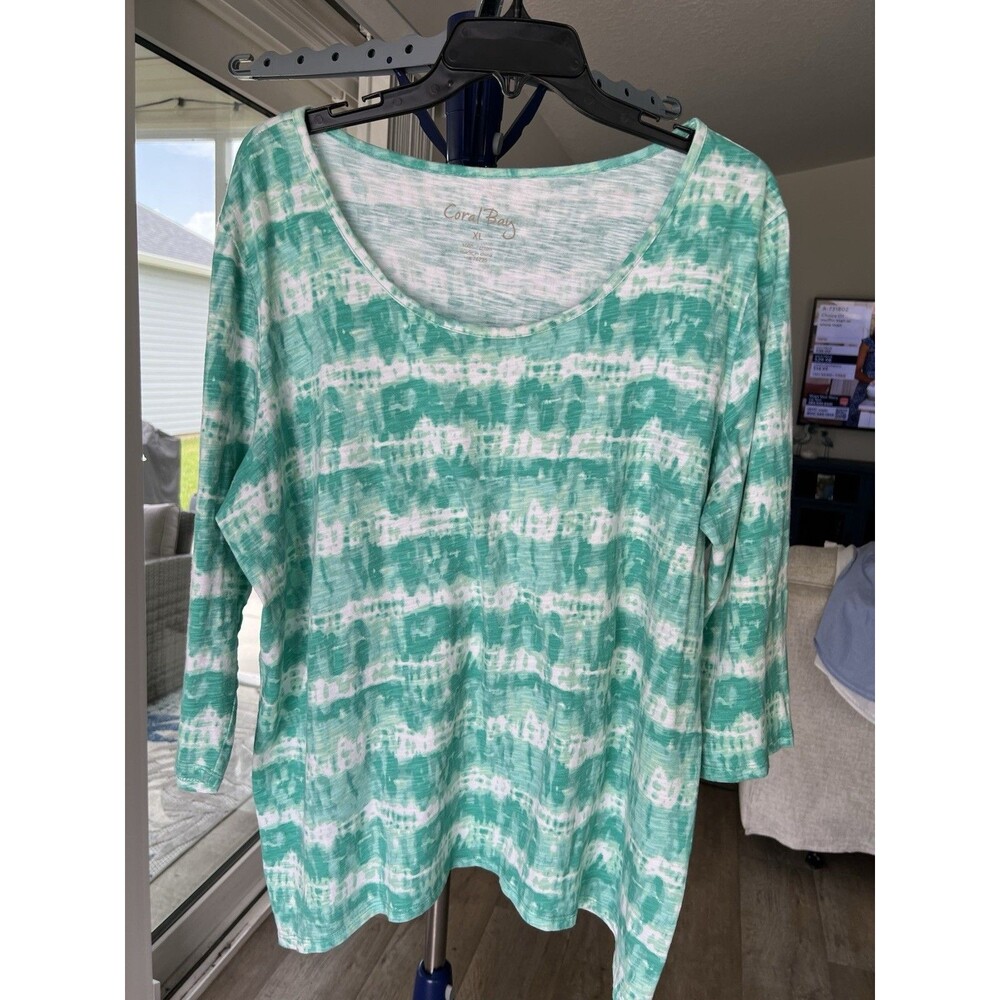 CORAL BAY XL Womens Tie Dye Look Green White 3/4 Sleeve Shirt 100% Cotton EUC